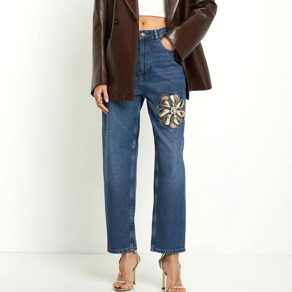 AREA Straight Leg Mussel Flower Blue Jeans 28 Cut-Out Embellished Straight Leg - Picture 1 of 7